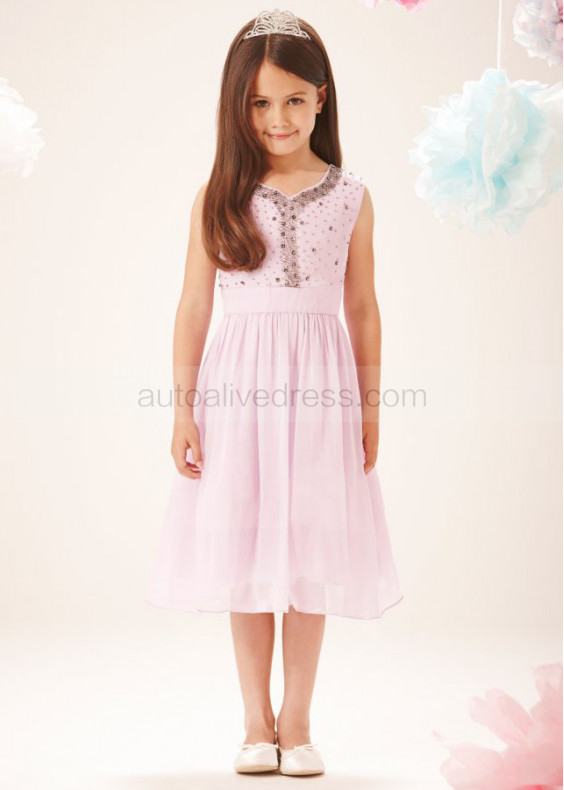 V Neck Pink Chiffon Beaded Tea Length Flower Girl Dress